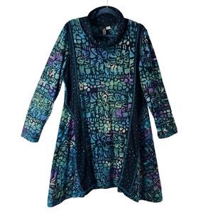 Winter Sun XL artsy mixed print mock neck princess seam tunic dress